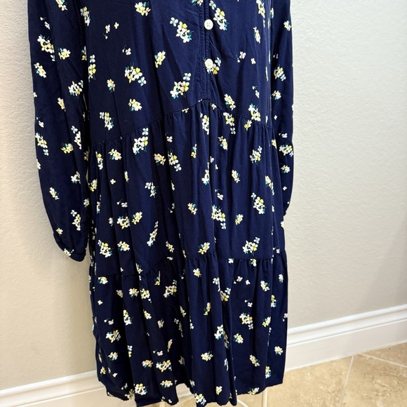GAP Ruffle Tiered Mini Dress Navy Blue Floral Size Large Tall Boho Cottagecore - Picture 3 of 11